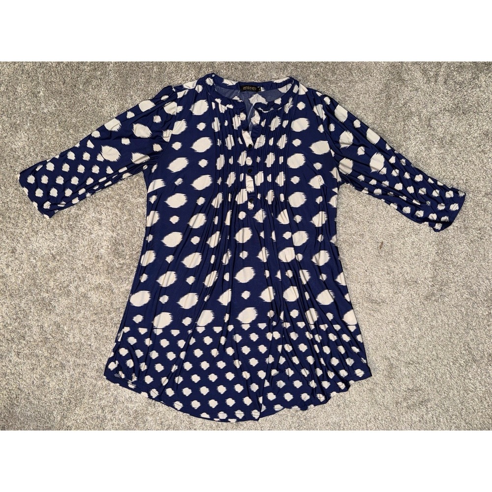 Reborn Women's‎ Blue Pintuck Henley Tunic Top XL 3/4 Sleeve